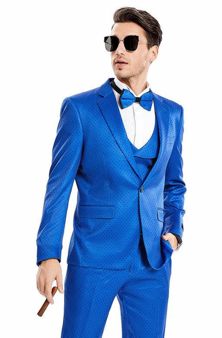 Falcone Men's Blue Dot Skinny Fit Fashion Prom Suit 3 Piece Fitted Bow M364SK-02 