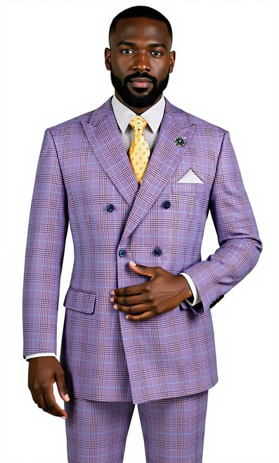  Mens Double Breasted Fashion Suit Light Purple Plaid DRW-2 