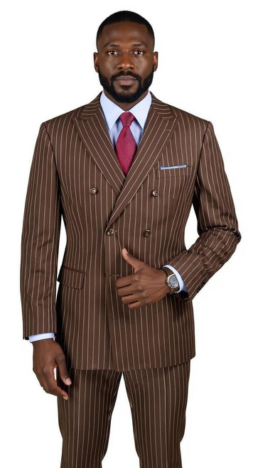  Vinci Men's Brown 1930s Double Breasted Banker Stripe Suit DSS-4 