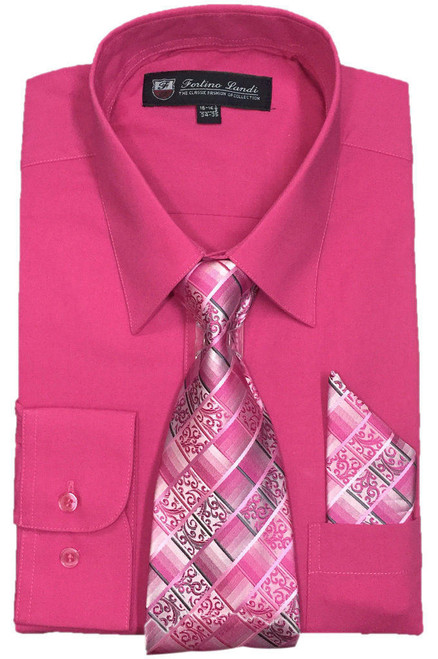  Fashion Color Dress Shirts Tie Hanky Set Mens Fuchsia Long Sleeve Fortini SG21B 