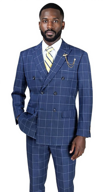 Vinci Double Breasted Plaid Suit for Men Blue Checkered Windowpane Modern Fit Vinci MDW-1 