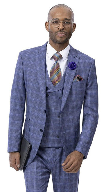  EJ Men's 1920s Plaid Fashion Suit Light Purple Peak Lapel Low Cut Vest M2777 