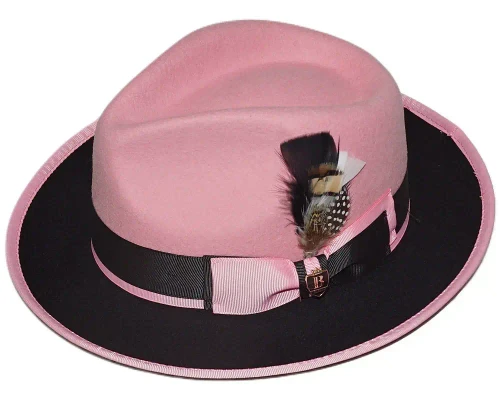  Bruno Capelo Men's Pink Black Fedora Hat Wool Designer PE-992 