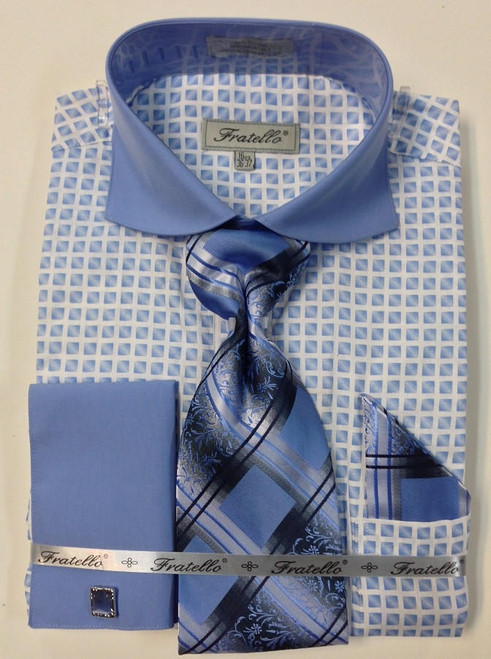  Fratello Blue Spread Collar French Cuff Shirt Tie Set FRV4128P2 