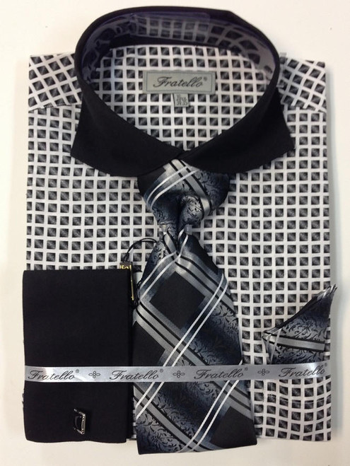  Fratello Black Spread Collar French Cuff Shirt Tie Set FRV4128P2 