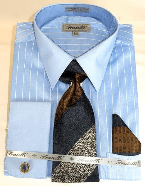  French Cuff Dress Shirt and Tie Light Blue Stripe Fratello FRV4150P2 