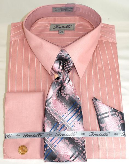  French Cuff Dress Shirt and Tie Pink Stripe Fratello FRV4150P2 