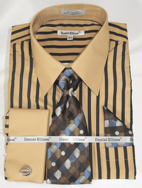  French Cuff Dress Shirt with Tie Combo Tan Black Stripe DS3813P2 