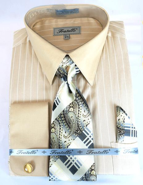  French Cuff Dress Shirt and Tie Beige Stripe Fratello FRV4150P2 