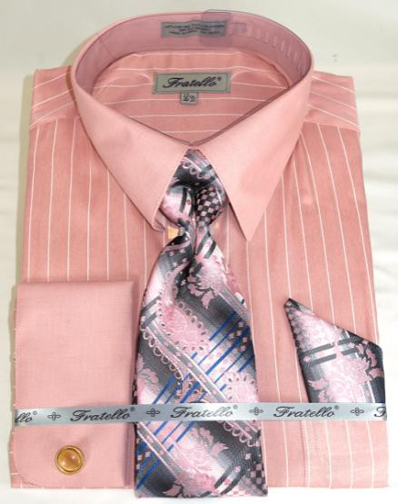  French Cuff Dress Shirt and Tie Pink Stripe Fratello FRV4150P2 Final Sale 