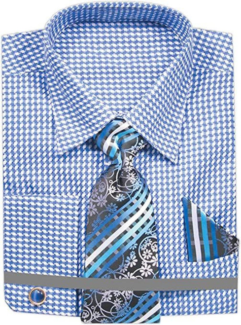  French Cuff Shirt Tie Set Men's Blue Mini Checker FRV4153P2 