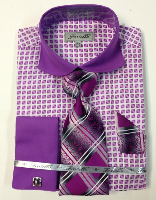  Fratello Lilac Spread Collar French Cuff Shirt Tie Set FRV4128P2 