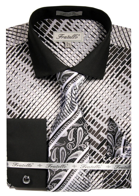  Fratello Mens French Cuff Dress Shirts Tie Set Black Pattern FRV4134P2 