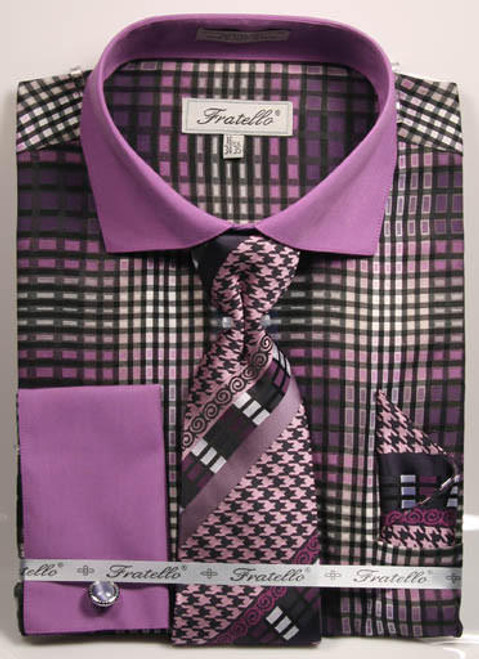  Fratello Mens Purple Geo Square French Cuff Dress Shirt Set FRV4137P2 