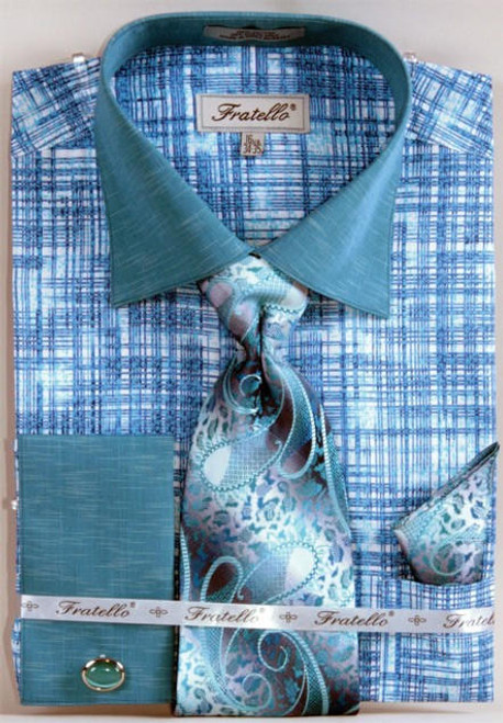  Fratello Turquoise Etch Plaid French Cuff Shirt Tie Set FRV4129P2 