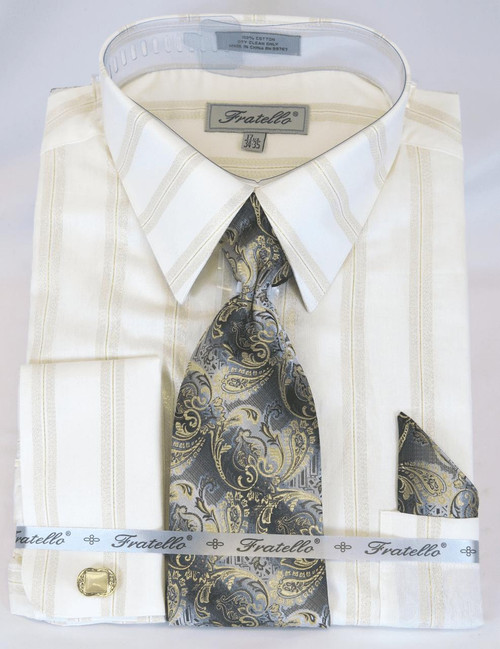  French Cuff Shirt and Tie Set Cream Tan Stripe FRV4155 