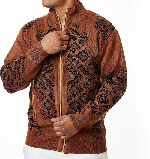  Silversilk Sweater Mens Brown Aztec Pattern Cardigan Zipper Front 2108 