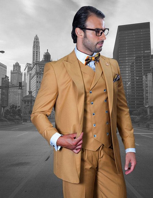  Statement Wool Suit Mens 3 Piece Camel Double Breasted Vest Florence 