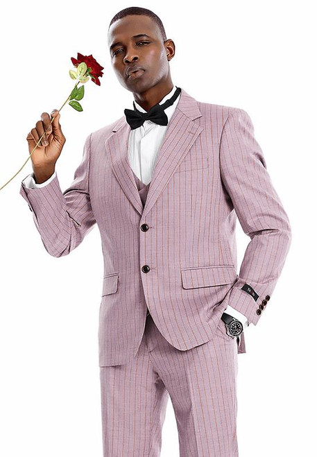  Men's Dusty Rose Stripe Skinny Fit Suit 3 Piece Vest Fitted Tazio M371SK-02 
