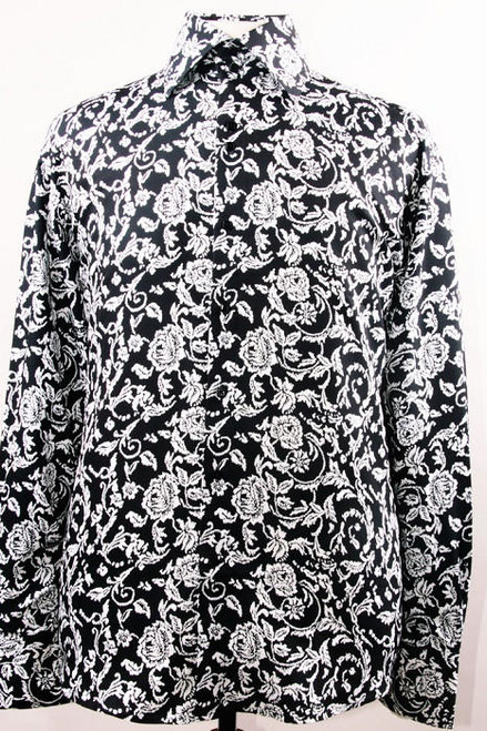  High Collar Club Shirt Black/White Shiny Floral Design Mens DE FSS1418 