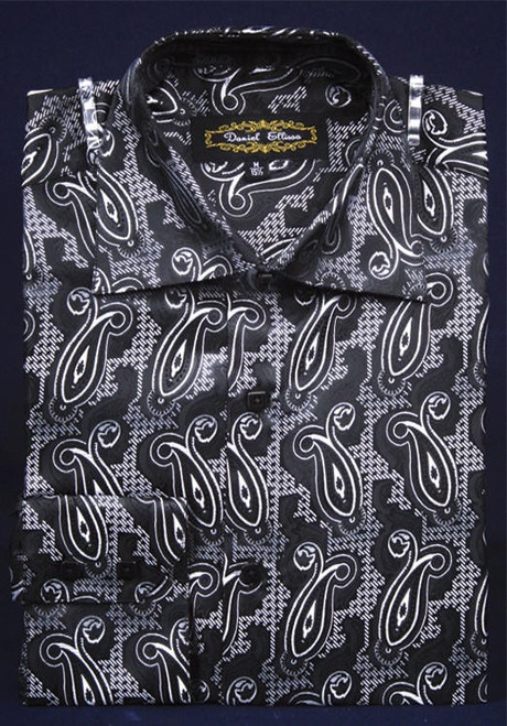  High Collar Fashion Shirts Mens Black Small Paisley DE FSS1409 