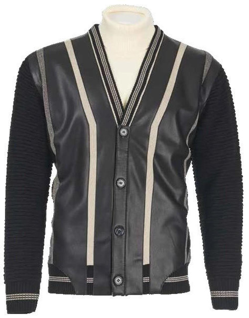  Inserch Men's Black Cardigan Sweater Vegan Leather 444 L, 