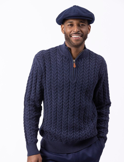  Montique Mens Navy Cable Knit Sweater Zip Neck SW-103 