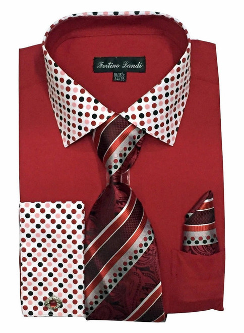  Fortino Milano Mens Red French Cuff Dress Shirt Tie Handkerchief Set FL630 