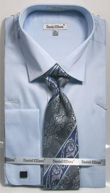  Spread Collar Shirt With Tie French Cuffs Light Blue DS3798P2 