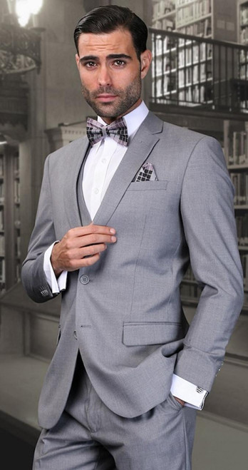  Statement Men's Grey 3 Piece Slim Fit Wedding Suit with Vest Lorenzo 