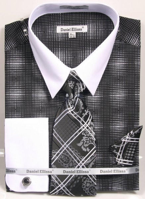  Daniel Ellissa Stylish Shirt Tie Set Mens Black Plaid DS3796P2 