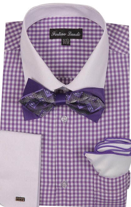  Milano Mens Lavender Check French Cuff Bow Tie Shirt Set FL628 