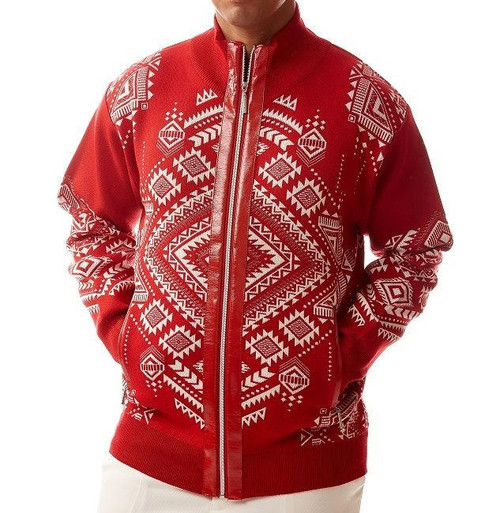  Silversilk Sweater Mens Red Aztec Pattern Zipper Front Cardigan 2108 