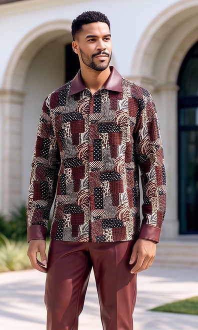  Pronti Men's Burgundy Outfit Animal Print Top Leather Pants SP8203 