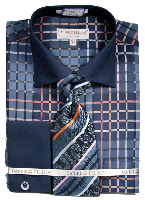  DE Mens French Cuff Dress Shirts Blue Checker Pattern Tie Set DS3785P2 