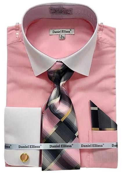  Mens French Cuff Two Tone Shirt With Tie Set Pink DS3825P2 