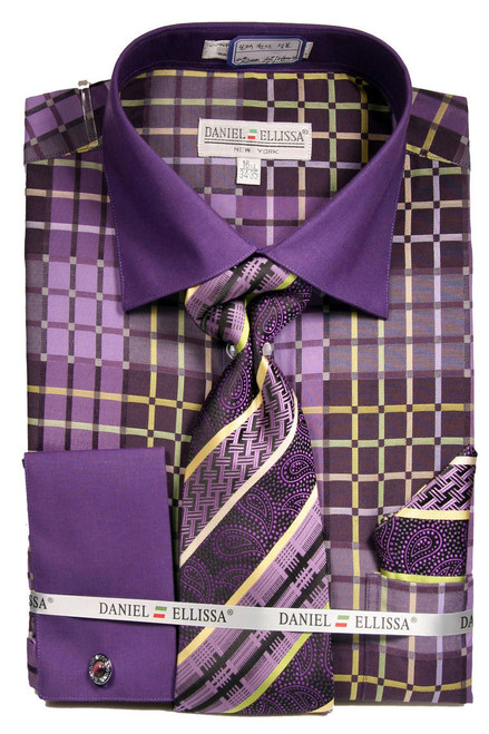  DE Mens Bold French Cuff Dress Shirt Purple Unique Tie Set DS3785P2 
