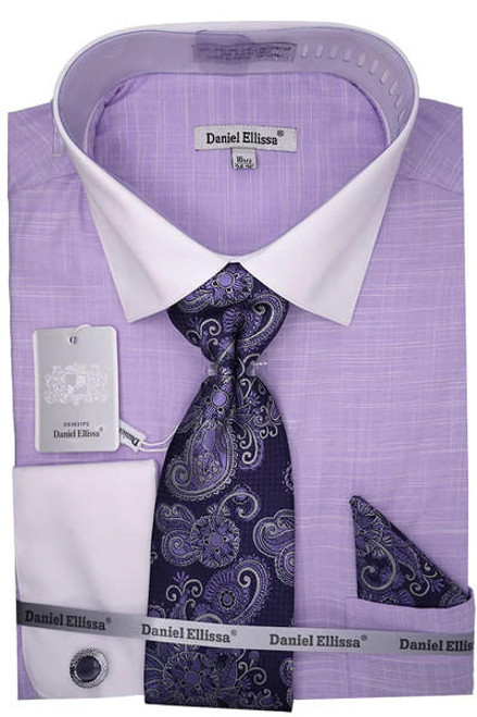  Daniel Ellissa Mens Lavender Woven Pattern French Cuff Dress Shirt Tie Hankie DS3831P2 