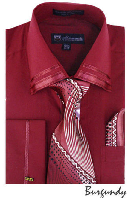  Men's Burgundy Trim Collar Dress Shirt Matching Tie Set SG28 