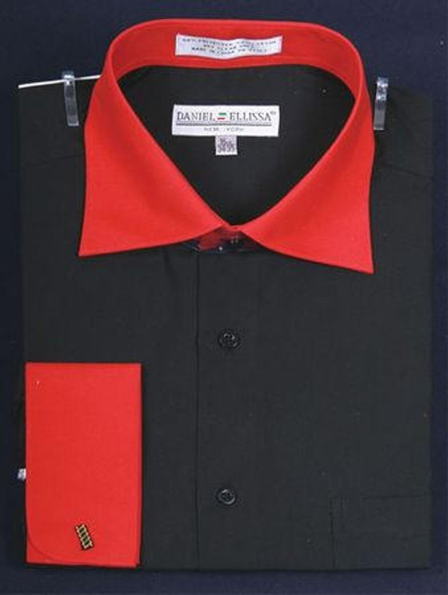  Men's Black and Red Collar French Cuff Dress Shirt DE DS3100TT IS | 15.5 Only 