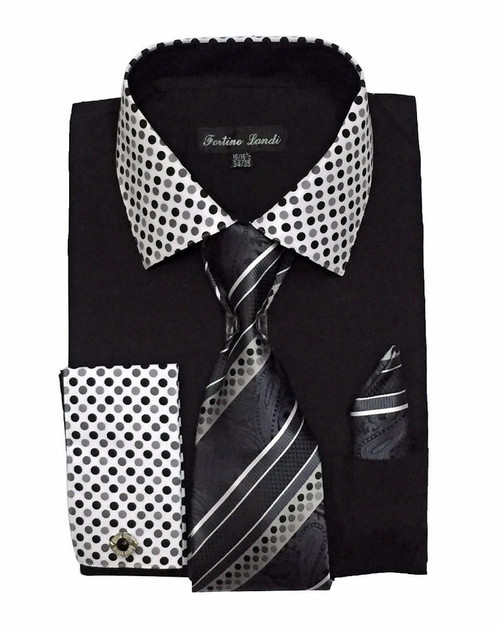  Men's Black Dot Collar Cuff Dress Shirt Tie Set Fortino FL630 