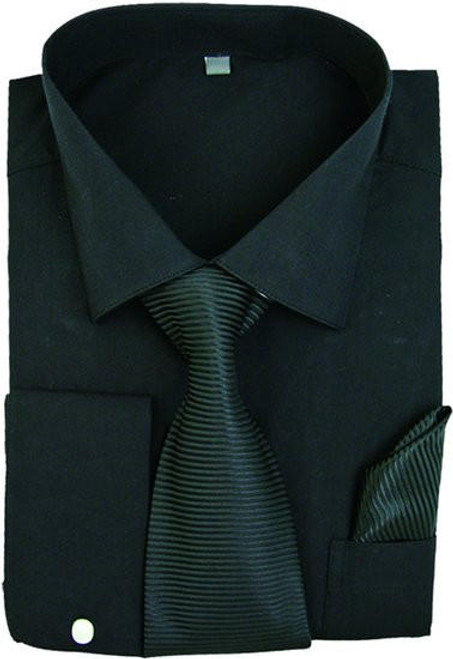  Men's Black French Cuff Dress Shirt Spread Collar Tie Set SG27 