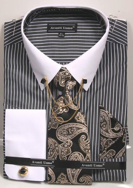  Men's Black Striped Dress Shirt Tie Combo Chain Collar DN77M 