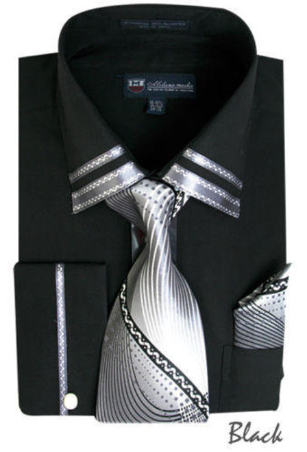  Men's Fancy Black Trim Collar Dress Shirt Matching Tie Set SG28 