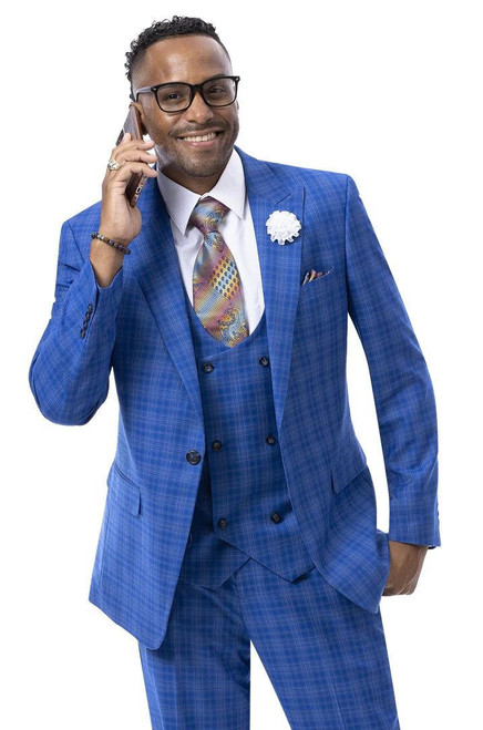  EJ Men's Blue Plaid 3 Piece 1920s Fashion Suit Scoop Vest M2776 