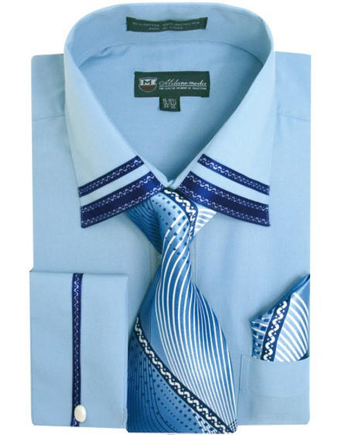  Men's Fancy Blue Trim Collar Dress Shirt Matching Tie Set SG28 