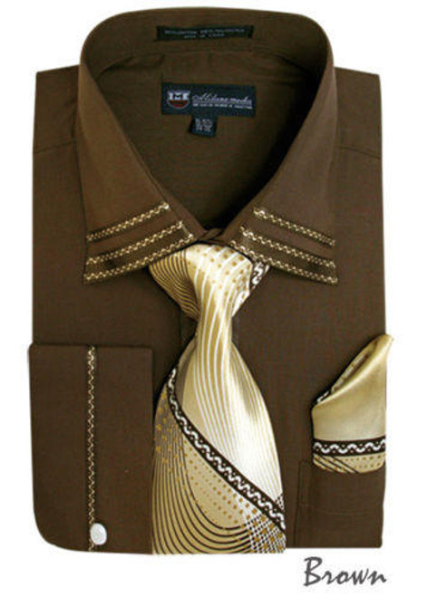  Men's Brown Trim Collar Dress Shirt Matching Tie Set SG28 