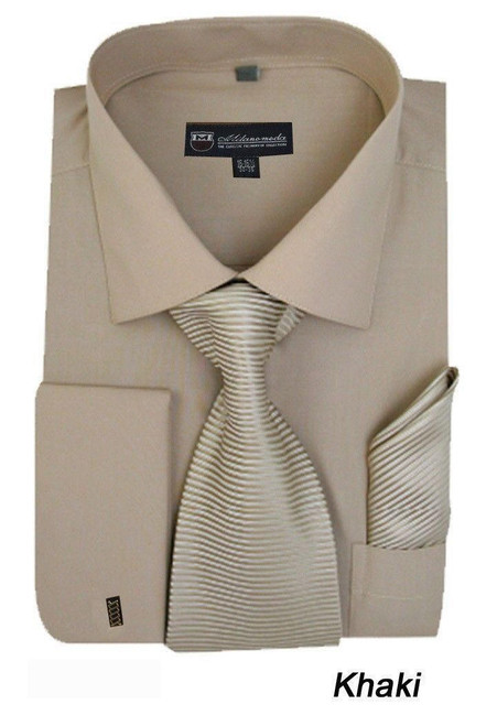  Men's Khaki French Cuff Dress Shirt Spread Collar Tie Set SG27 