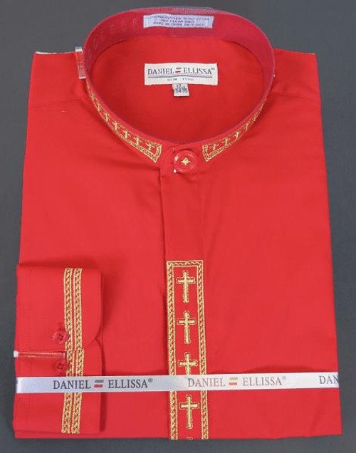  Men's Red Mandarin Collar Shirt with Cross Embroidery DS2005C 