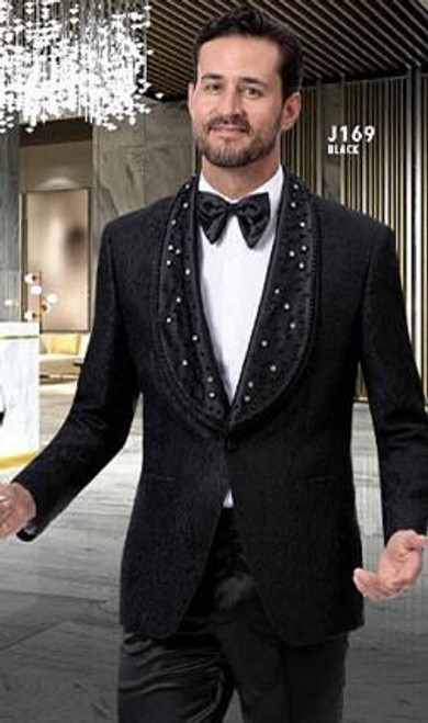  Tuxedo Blazer Men's Black Fancy Pattern Embellished Shawl Collar EJ Samuel J169 
